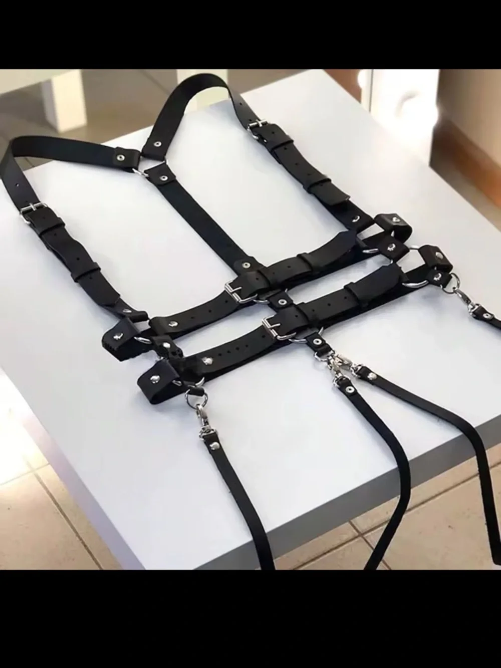 Black Leather Double Harness Suspender Belt with Metal Buckles New - Picture 4 of 8